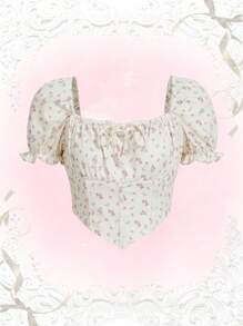 ROMWE Kawaii Áo thun nữ Bất đối xứng viền lá sen Thắt nơ trước Họa tiết hoa Giải trí - Màu be - Xem 1