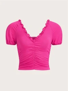 SHEIN ICON Frill Trim Ruched Front Crop Tee - Hot Pink - View 1
