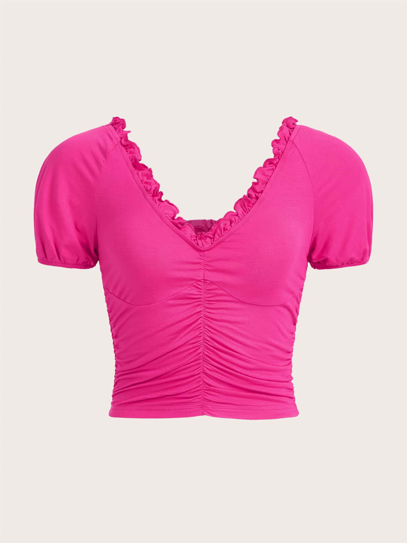 SHEIN ICON Frill Trim Ruched Front Crop Tee - Hot Pink - View 1
