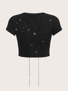 SHEIN ICON Cut Out Rhinestone Chain Lace Up Front Crop Tee - Black - View 2