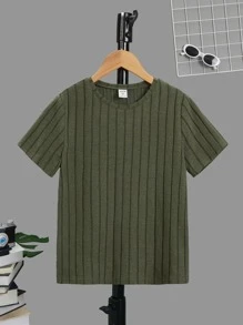 SHEIN Chicos Camiseta unicolor tejido de canalé - Verde militar - Ver 1