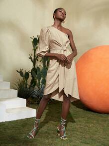 Lital Ofir One Shoulder Knot Front Wrap Hem Dress - Khaki - View 9