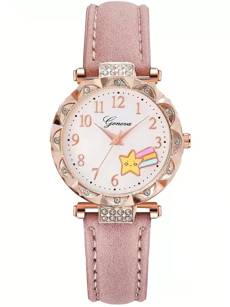 1pc Girls Rhinestone Decor Star Pattern Round Dial Pointer Quartz Watch & 1pc Bracelet - Pink - View 2