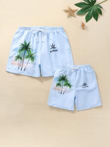 Boys Coconut Tree & Letter Graphic Drawstring Waist Swim Shorts - Baby Blue - View 7