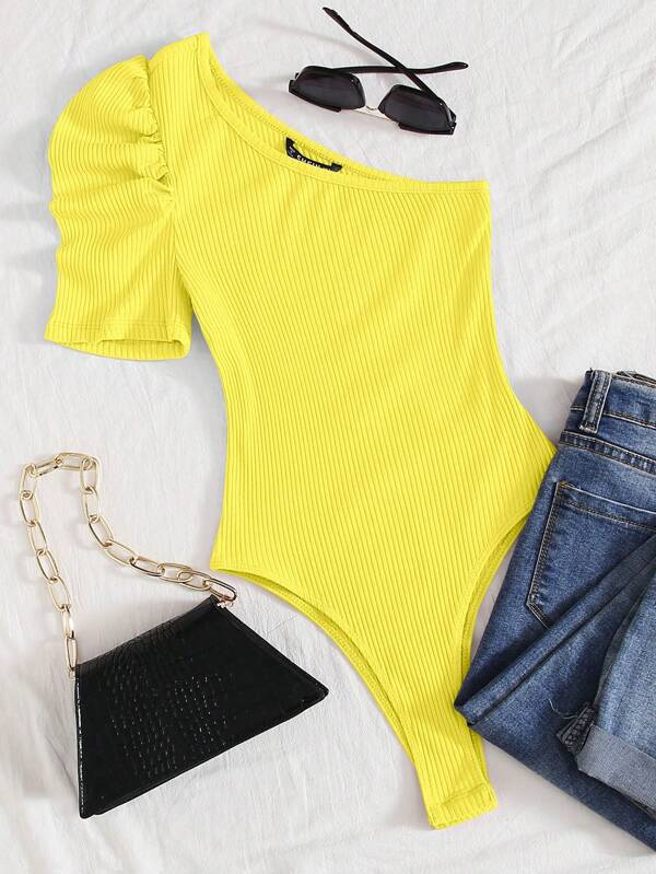 SHEIN Privé One Shoulder Puff Sleeve Ribknit Tee Bodysuit SHEIN USA