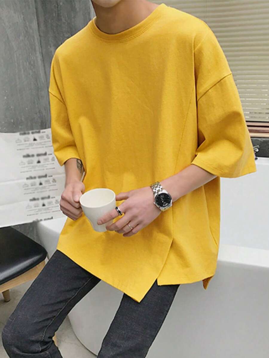 Manfinity Hypemode Nam Chất rắn Thả vai Viền chia cắt Áo thun - Màu vàng - Xem 1