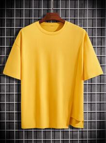 Manfinity Hypemode Nam Chất rắn Thả vai Viền chia cắt Áo thun - Màu vàng - Xem 4