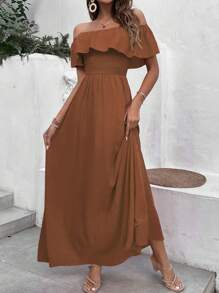 SHEIN VCAY Vestido Volante Fruncido Liso Bohemio - Óxido marrón - Ver 1