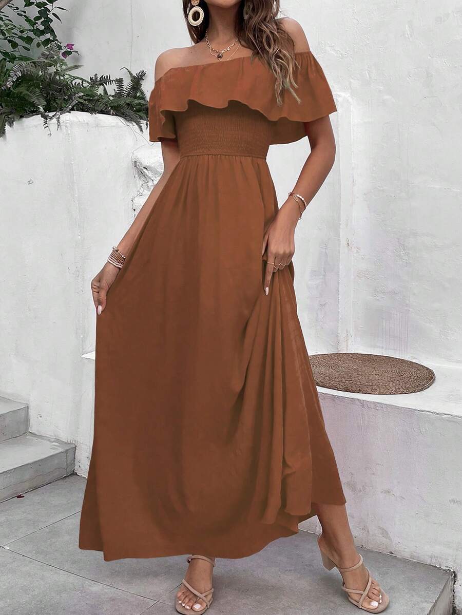 SHEIN VCAY Vestido Volante Fruncido Liso Bohemio - Óxido marrón - Ver 1