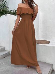 SHEIN VCAY Vestido Volante Fruncido Liso Bohemio - Óxido marrón - Ver 3