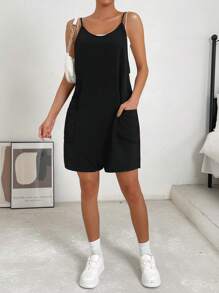 SHEIN EZwear Solid Dual Pocket Cami Romper Without Cami Top