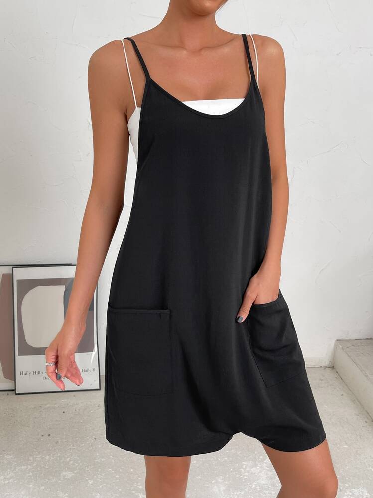 SHEIN EZwear 素色雙口袋吊帶連體短褲不附吊帶上衣 - 黑色 - 查看 6