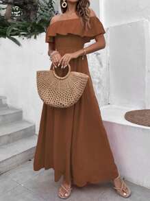 SHEIN VCAY Vestido Volante Fruncido Liso Bohemio - Óxido marrón - Ver 6