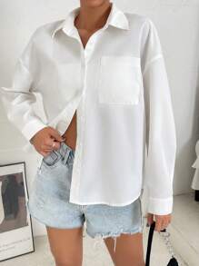 SHEIN EZwear 素色落肩袖前紐扣襯衫 - 白色 - 查看 6