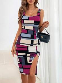 SHEIN Privé Geo Print Split Thigh Bodycon Dress - Multicolor - View 1
