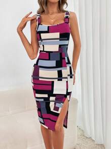 SHEIN Privé Geo Print Split Thigh Bodycon Dress - Multicolor - View 3