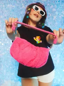 SHEIN X Care Bears Camiseta De Cuello Redondo Con Diseño De Oso Para Mujeres De Talla Grande, Hombros Caídos - Negro - Ver 3