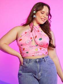 SHEIN X Care Bears Hơn Hình trái tim gấu Xù Crisscross Áo hai dây - Nhiều màu - Xem 2