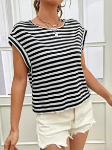 SHEIN Essnce 條紋印花蝙蝠袖T恤 - 黑與白 - 查看 1