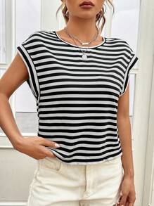 SHEIN Essnce 條紋印花蝙蝠袖T恤 - 黑與白 - 查看 4