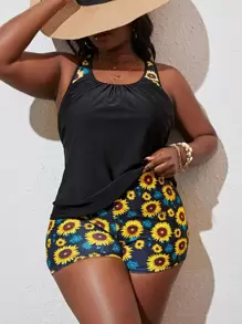 SHEIN Swim Curve Summer Beach Plus Size Sunflower Print Shorts Tankini - Multicolor - View 1