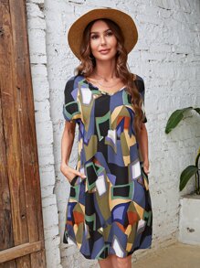 EMERY ROSE Geo Print Batwing Sleeve Tunic Dress - Multicolor - View 3