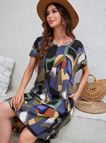 EMERY ROSE Geo Print Batwing Sleeve Tunic Dress - Multicolor - View 4
