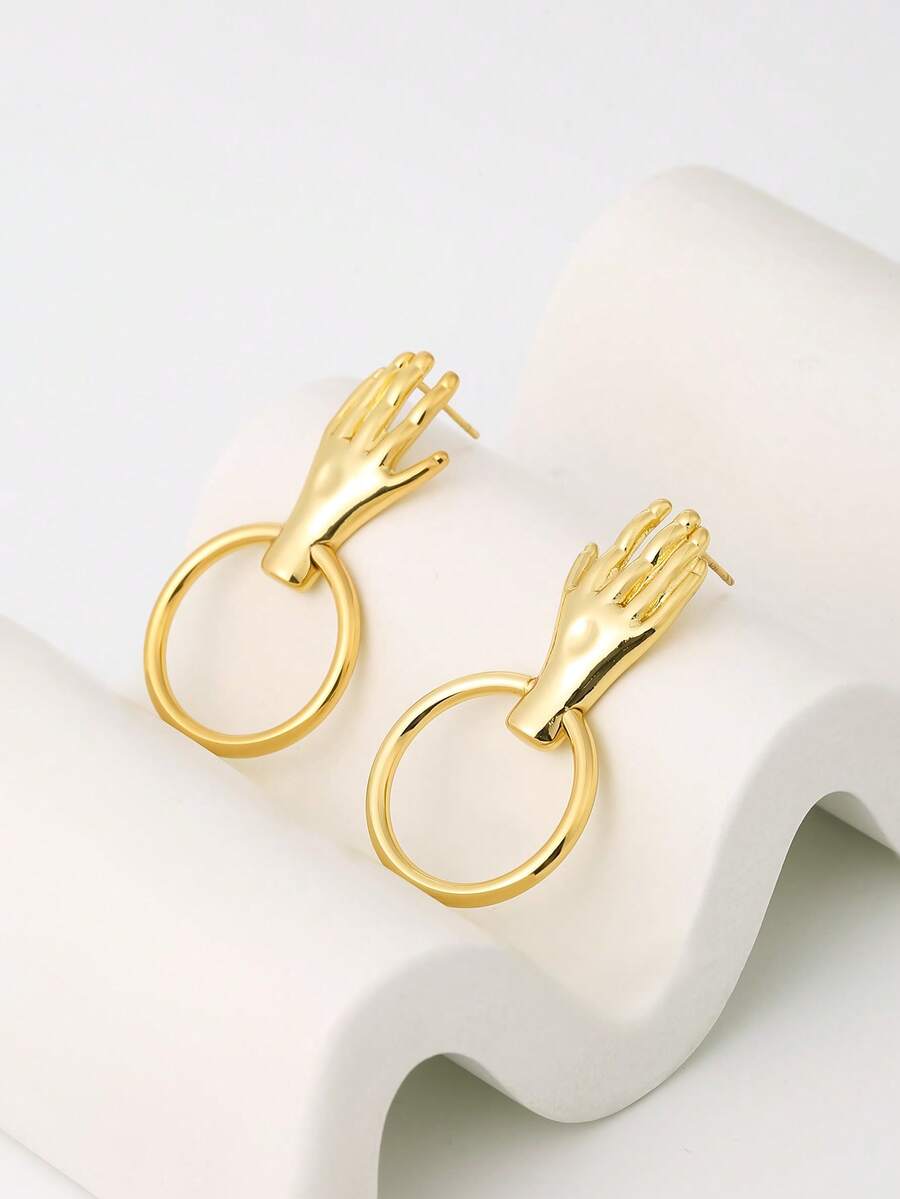 2pcs Hand Decor Circle Stud Earrings - Yellow Gold - View 1