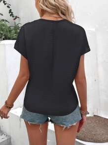 SHEIN LUNE 扭結下擺蝙蝠袖紐扣細節襯衫 - 黑色 - 查看 2