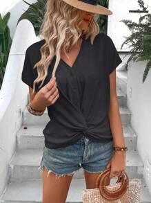 SHEIN LUNE 扭結下擺蝙蝠袖紐扣細節襯衫 - 黑色 - 查看 3