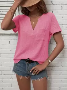 SHEIN LUNE Áo thun nữ Túi màu trơn Giải trí - Hồng - Xem 1