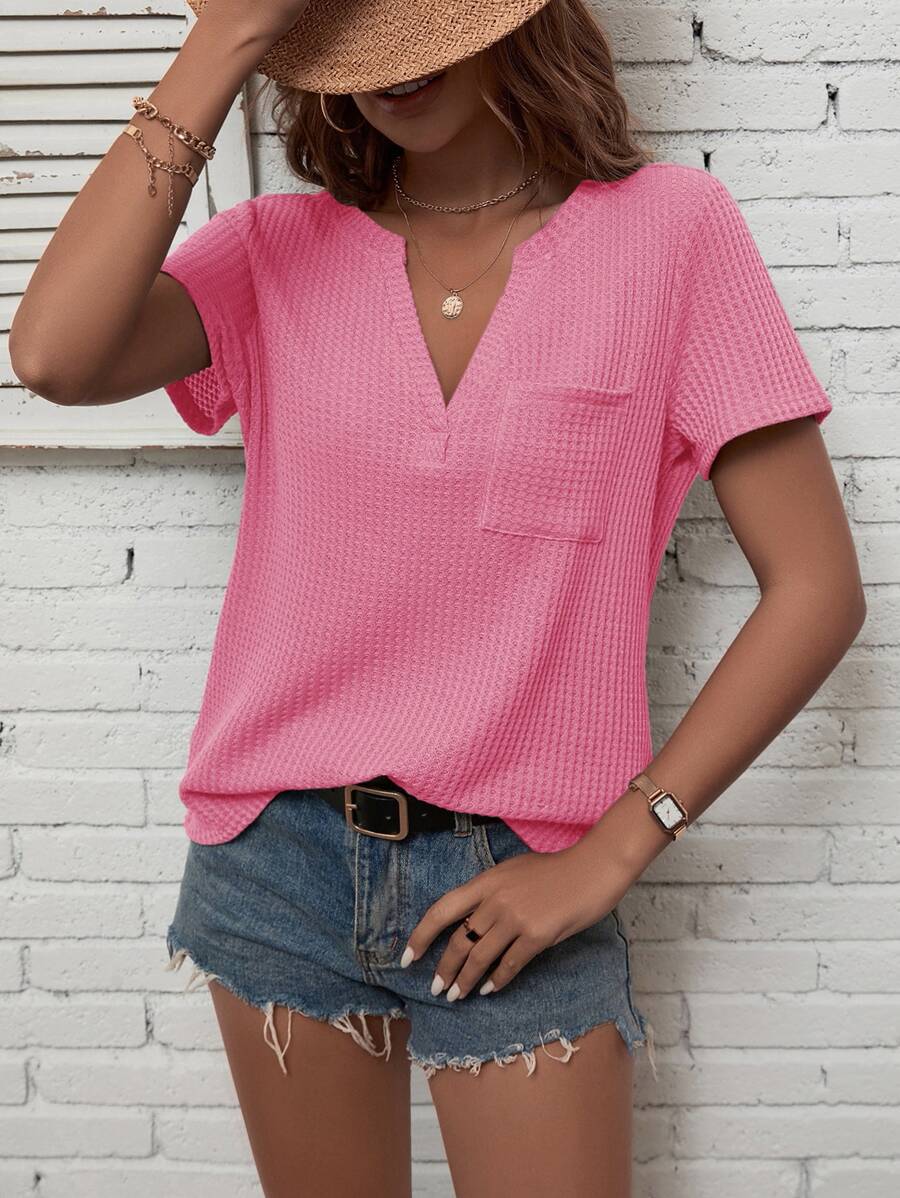 SHEIN LUNE Áo thun nữ Túi màu trơn Giải trí - Hồng - Xem 1