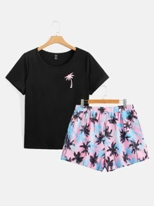 SHEIN LUNE 大碼椰子樹圖案T恤和短褲 - 彩色 - 查看 1