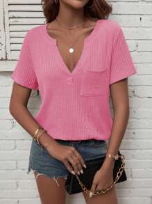 SHEIN LUNE Áo thun nữ Túi màu trơn Giải trí - Hồng - Xem 6