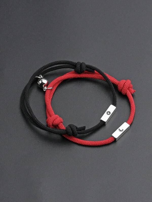 2pcs/set Fashionable Sun & Moon Detail Magnetic Ball Decor String Bracelet For Men For Daily Decoration