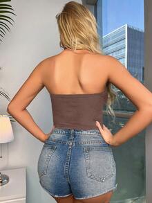 SHEIN SXY Criss Cross Cut Out Front Halter Top - Coffee Brown - View 2