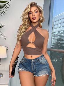 SHEIN SXY Criss Cross Cut Out Front Halter Top - Coffee Brown - View 4