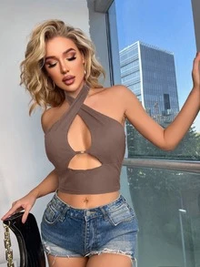 SHEIN SXY Criss Cross Cut Out Front Halter Top - Coffee Brown - View 6