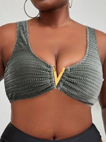 Plus V-ring Detail Ruched Bikini Top - Army Green - View 1