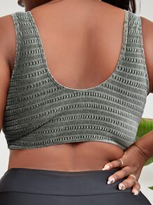 Plus V-ring Detail Ruched Bikini Top - Army Green - View 2