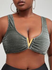 Plus V-ring Detail Ruched Bikini Top - Army Green - View 4