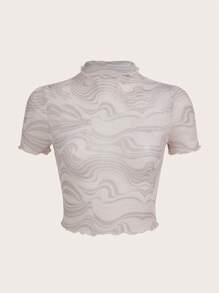 SHEIN ICON Marble Print Lettuce Trim Mesh Top - Multicolor - View 1
