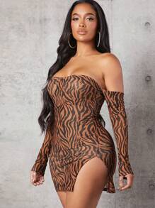 Hauture 斑馬條紋一字肩下擺開叉緊身連衣裙 - 彩色 - 查看 4