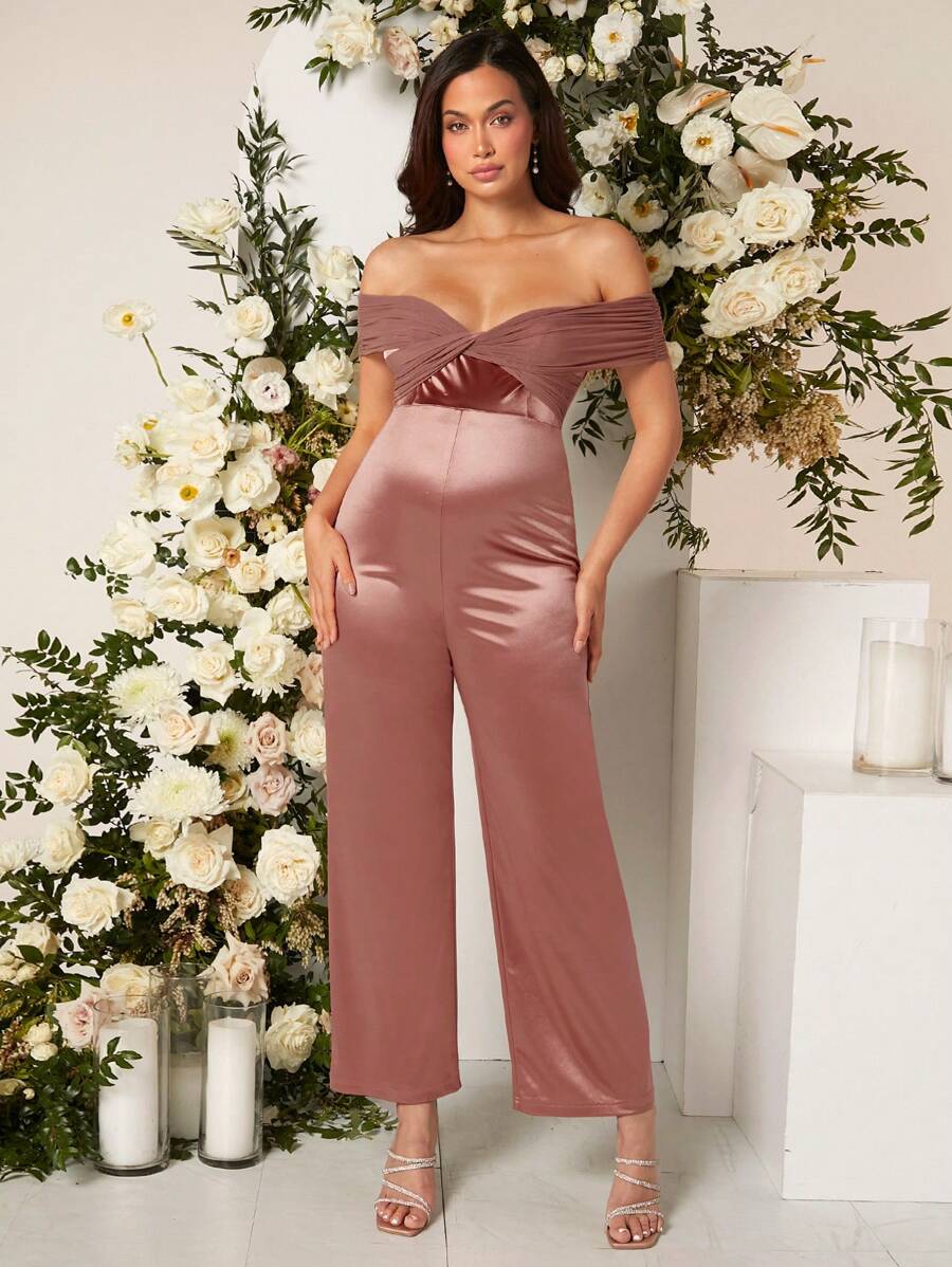 SHEIN 孕婦一字肩緞面連身褲