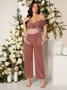 SHEIN 孕婦一字肩緞面連身褲