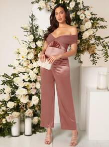 SHEIN 孕婦一字肩緞面連身褲