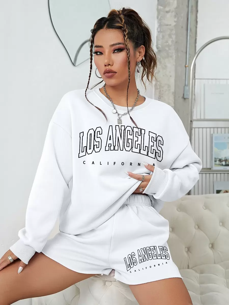 SHEIN EZwear Bộ đồ hai mảnh nữ Lá thư Giải trí - trắng - Xem 1