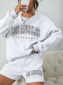 SHEIN EZwear Bộ đồ hai mảnh nữ Lá thư Giải trí - trắng - Xem 3