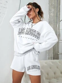 SHEIN EZwear Bộ đồ hai mảnh nữ Lá thư Giải trí - trắng - Xem 5