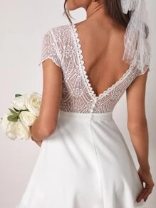 SHEIN Frenchy Contrast Embroidery Mesh Backless A-line Dress - White - View 3